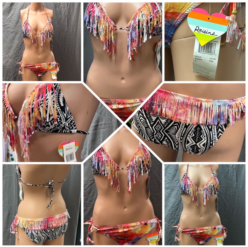 Bikini swimsuits sets. Brand new with tags: “Raisins” tribal print && fringe